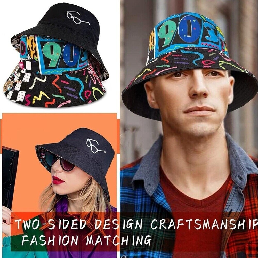 BUCKET HAT I LOVE THE 90'S & REVERSIBLE BLACK WITH EMBROIDERED SUNGLASSES - Picture 3 of 10